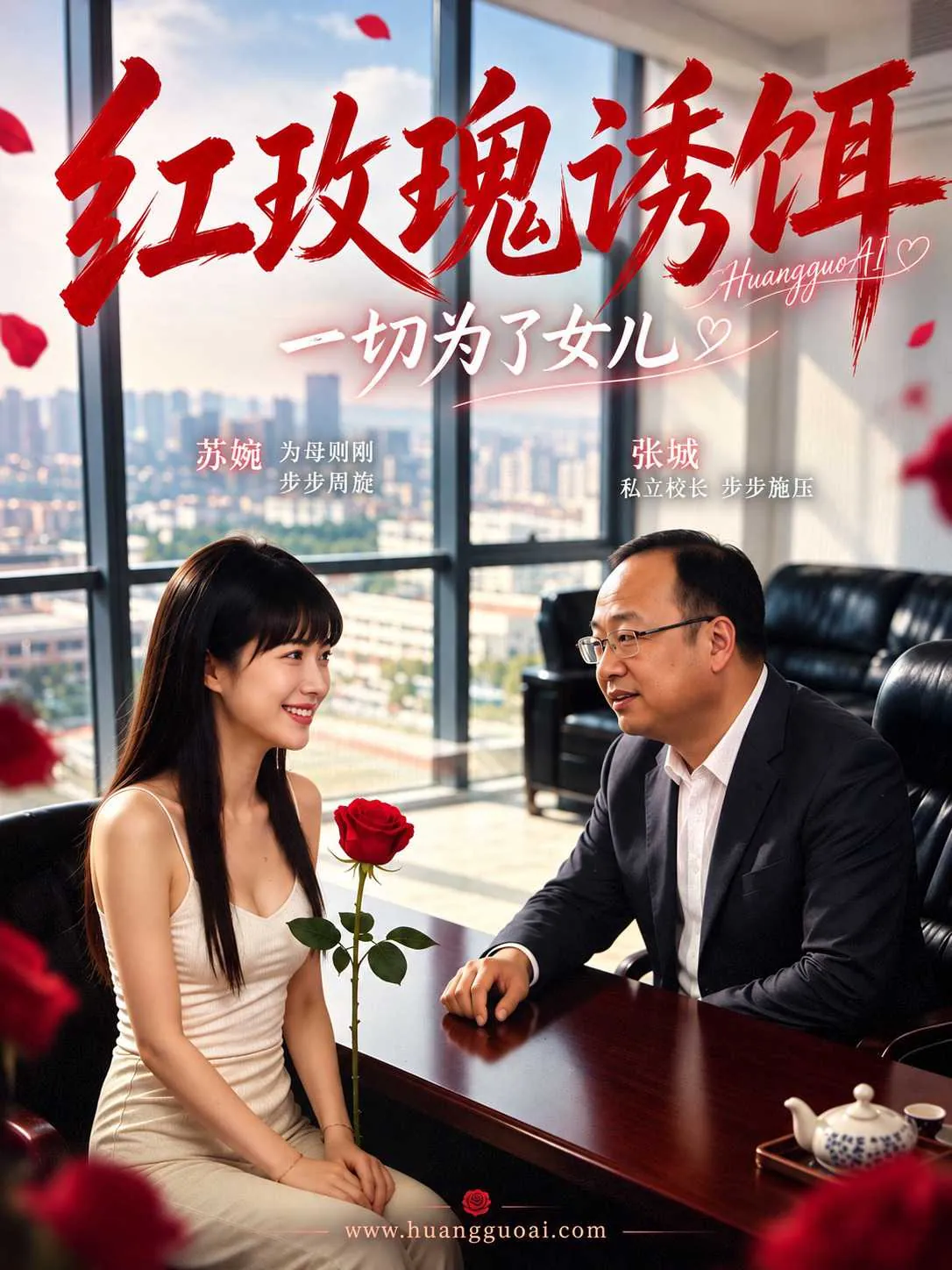 剧集海报：女人手捧红玫瑰，与戴眼镜的男人相对而坐