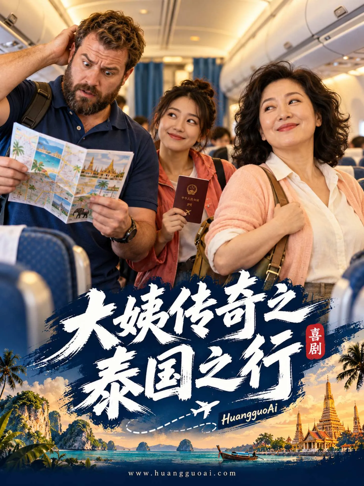 剧集海报：飞机上一位外国男士看地图，两位女士在旁